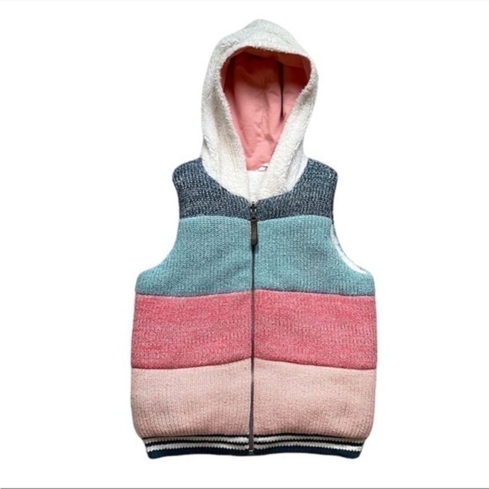 Hanna Andersson Sherpa Vest Hooded Blue Pink Striped Little Girl’s 12 Winter